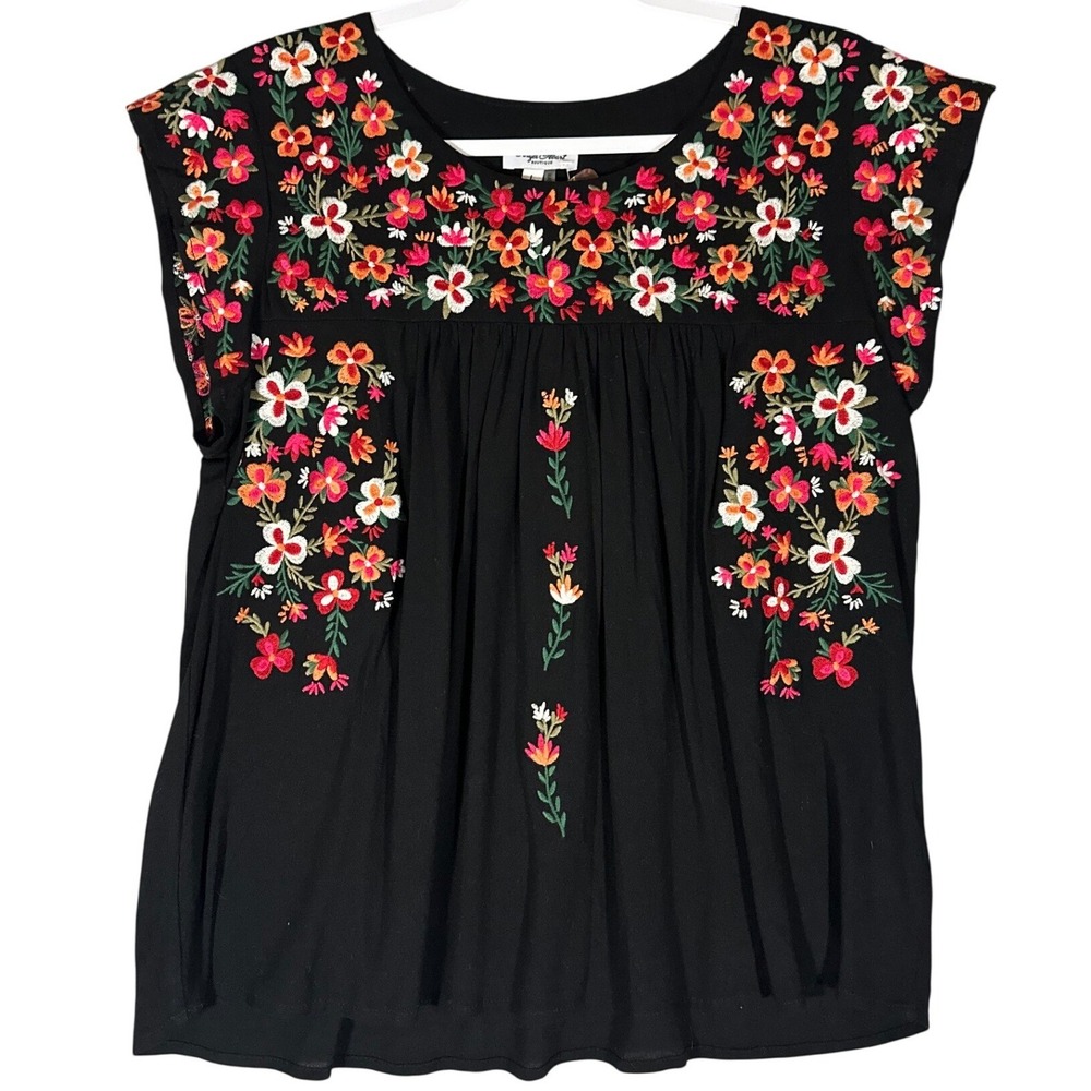 Angel Heart Boutique NWT Floral Embroidered Top Sz L Black Cap Sleeve Bohemian